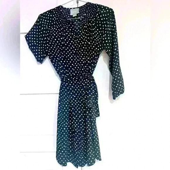 Maeve Anthropologie Navy White Polka Dot Long Sleeve Wrap Dress- Size Small- EUC - Picture 2 of 5